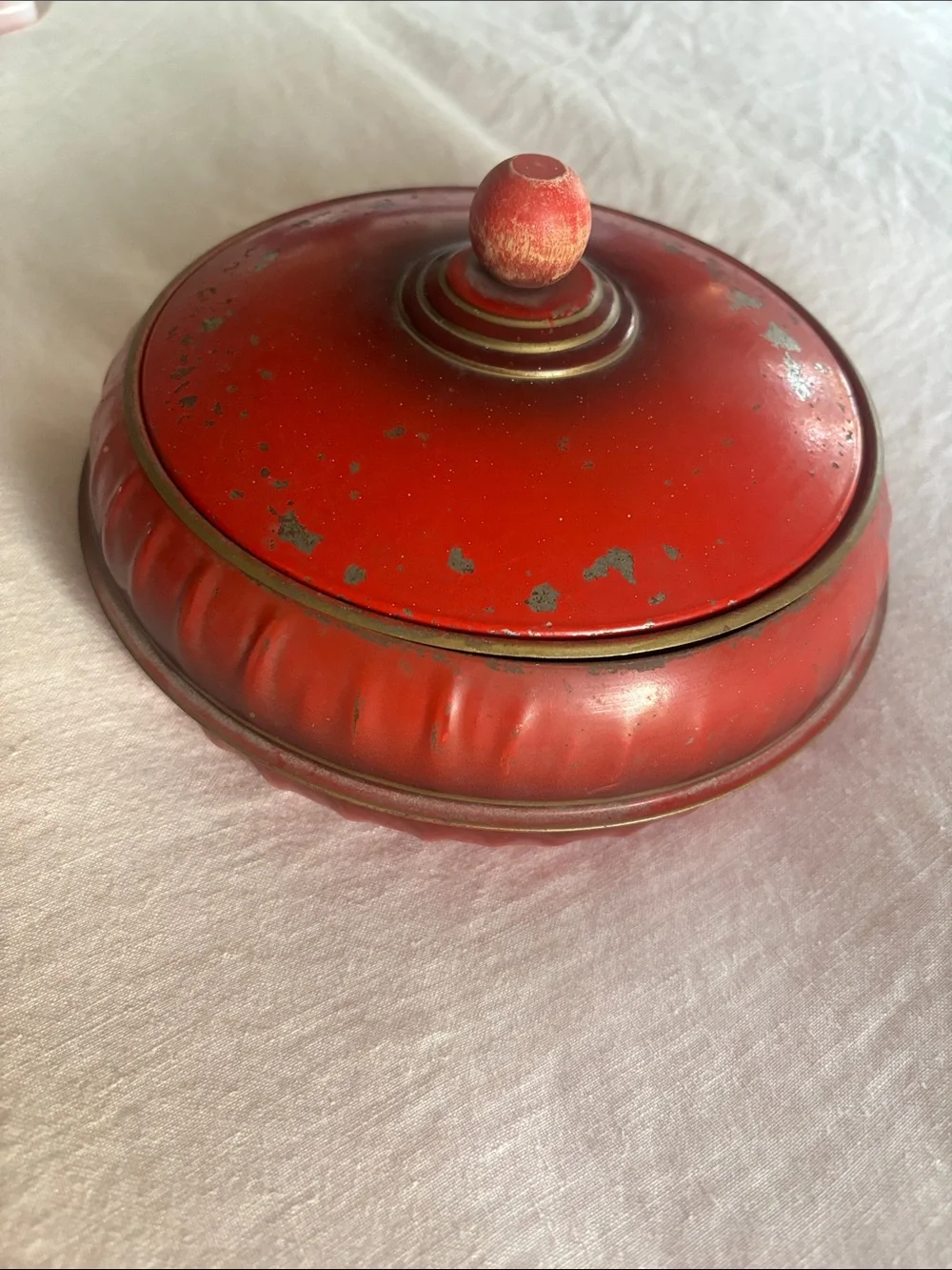 Vintage Tin red orange 1950’s 3 piece wood knob thread round metal Sewing box